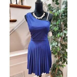 BCX Dress Blue Asymmetrical Polyester V-Neck Sleeveless Knee Length Dress Medium